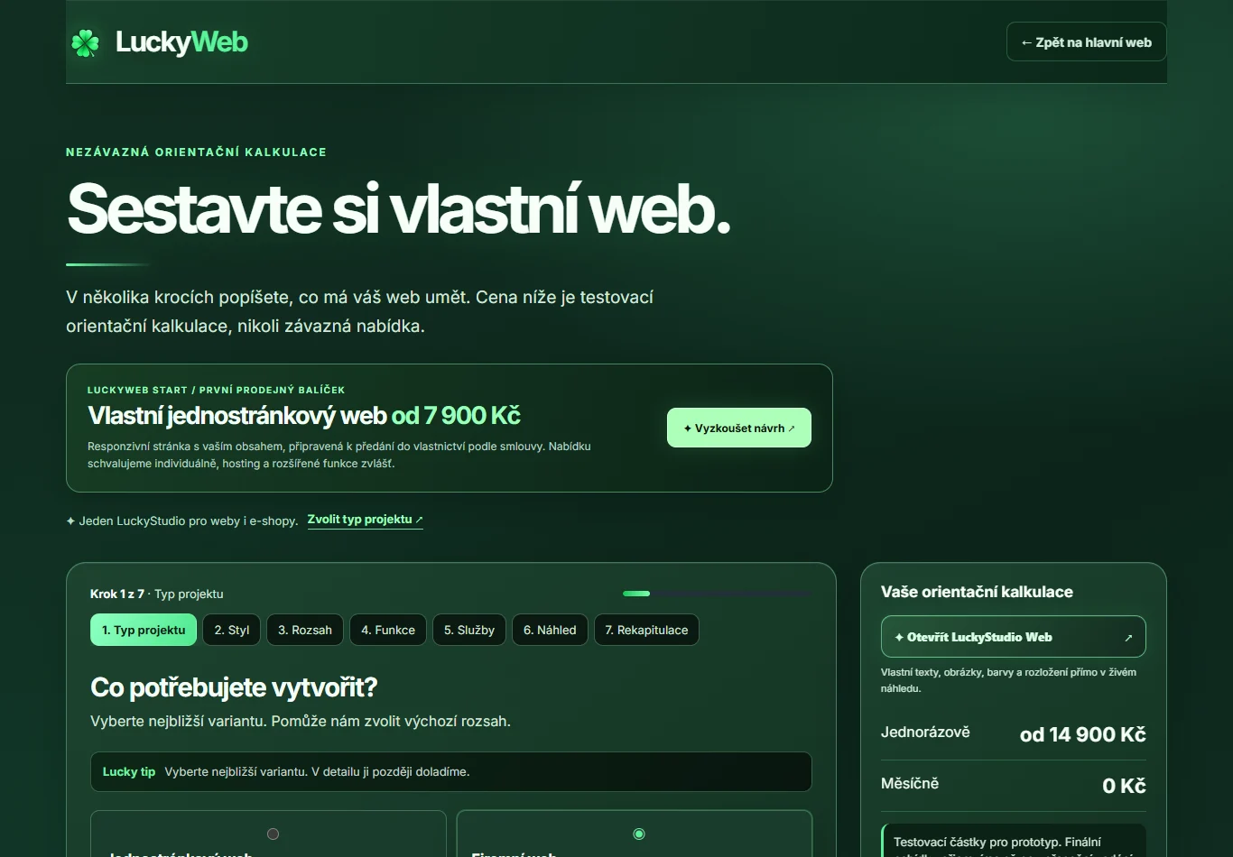 LuckyStudio Web – Editor pro rychlý návrh webu, výběr stylu a živé úpravy.