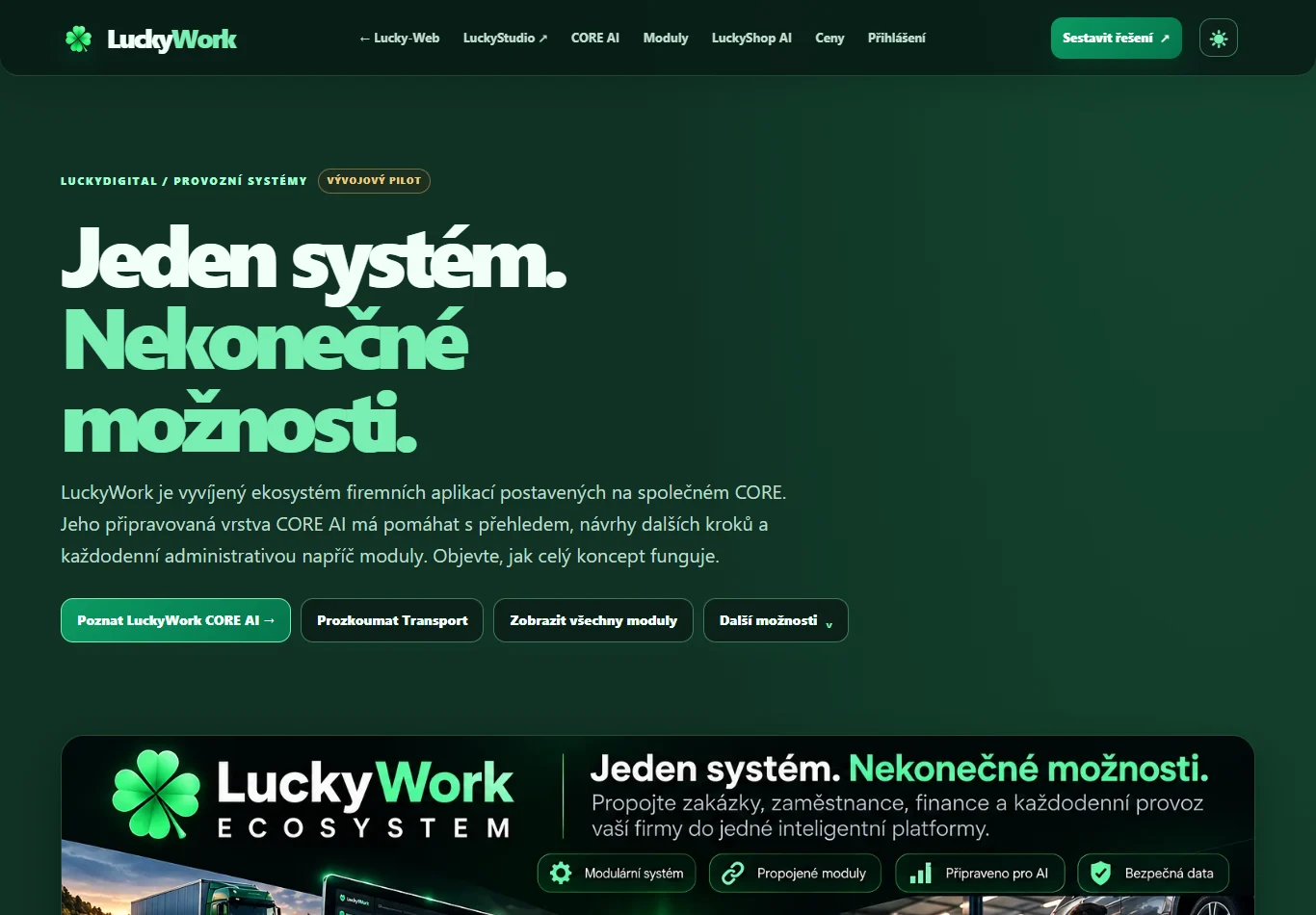 LuckyWork Ecosystem – Modulární firemní systém s CORE a propojenými nástroji pro provoz.